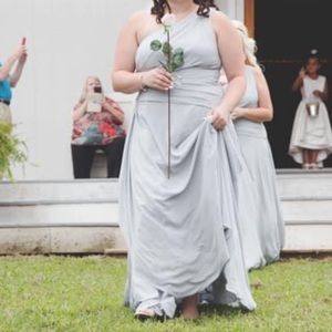 David’s Bridal one shoulder bridesmaid’s dress, mystic gray, never altered.